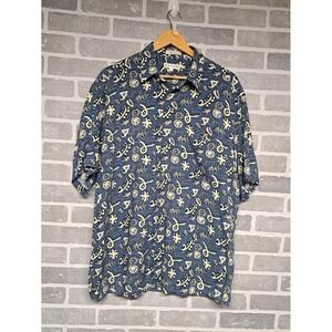 Pierre‎ Cardin Mens White Blue Geometric Print Rayon Button-Up Shirt Size Large